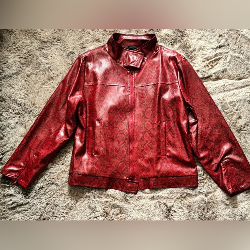 Ellen Ashley red snake skin faux leather moto jacket zip up womens size xl